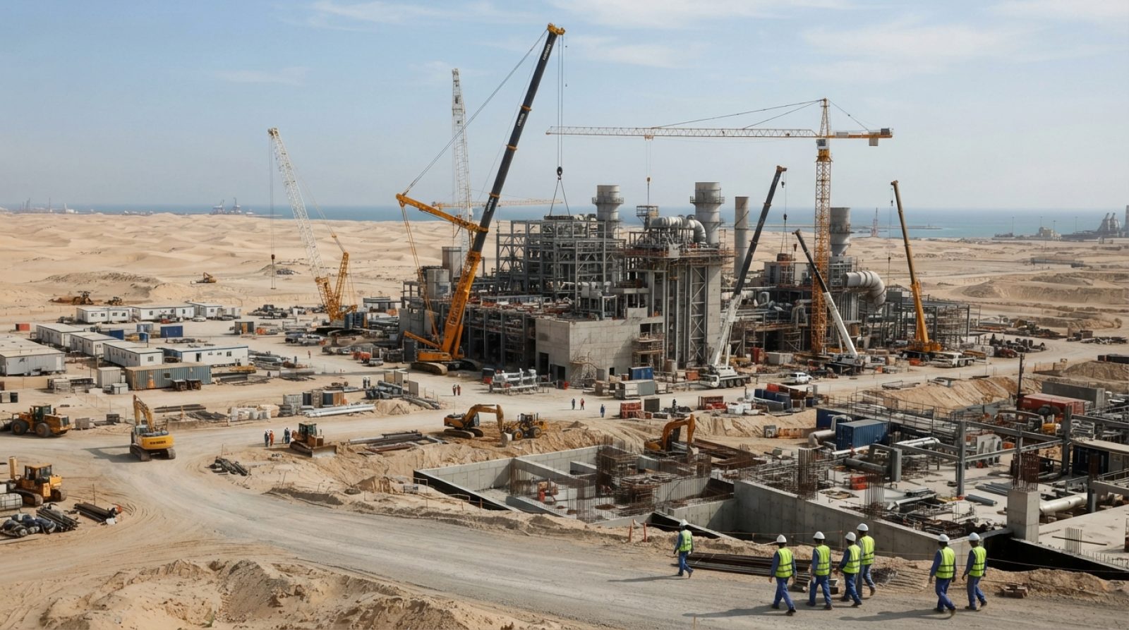 Illustration: A sprawling industrial construction site for a gas turbine power plant in an arid coastal desert landscape under clear daylight, featuri