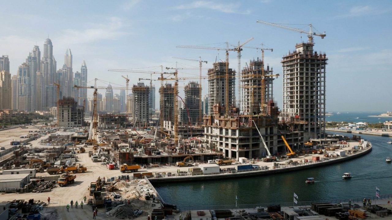 Illustration: A wide-angle editorial shot of a massive waterfront residential construction site in Dubai with multiple tower cranes, reinforced concre