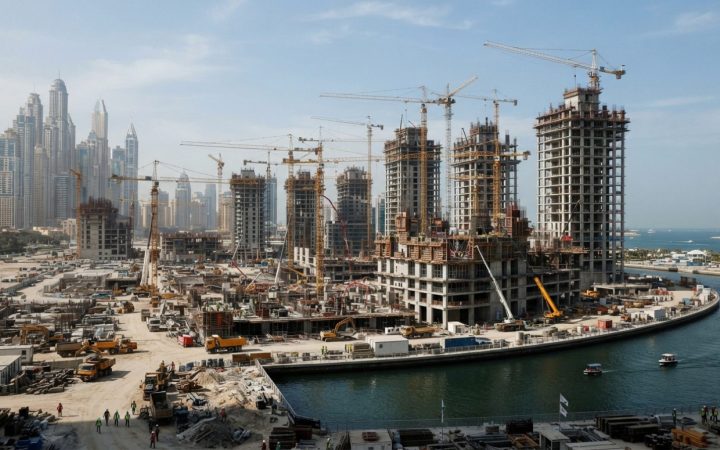 Illustration: A wide-angle editorial shot of a massive waterfront residential construction site in Dubai with multiple tower cranes, reinforced concre