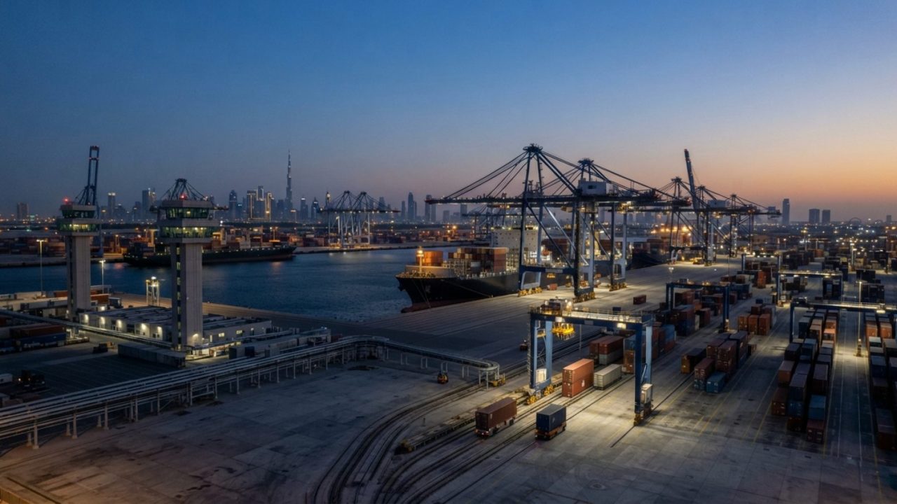 Illustration: A modern, highly automated maritime container port terminal at twilight, showcasing towering smart cargo cranes, digital control towers,