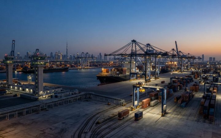 Illustration: A modern, highly automated maritime container port terminal at twilight, showcasing towering smart cargo cranes, digital control towers,