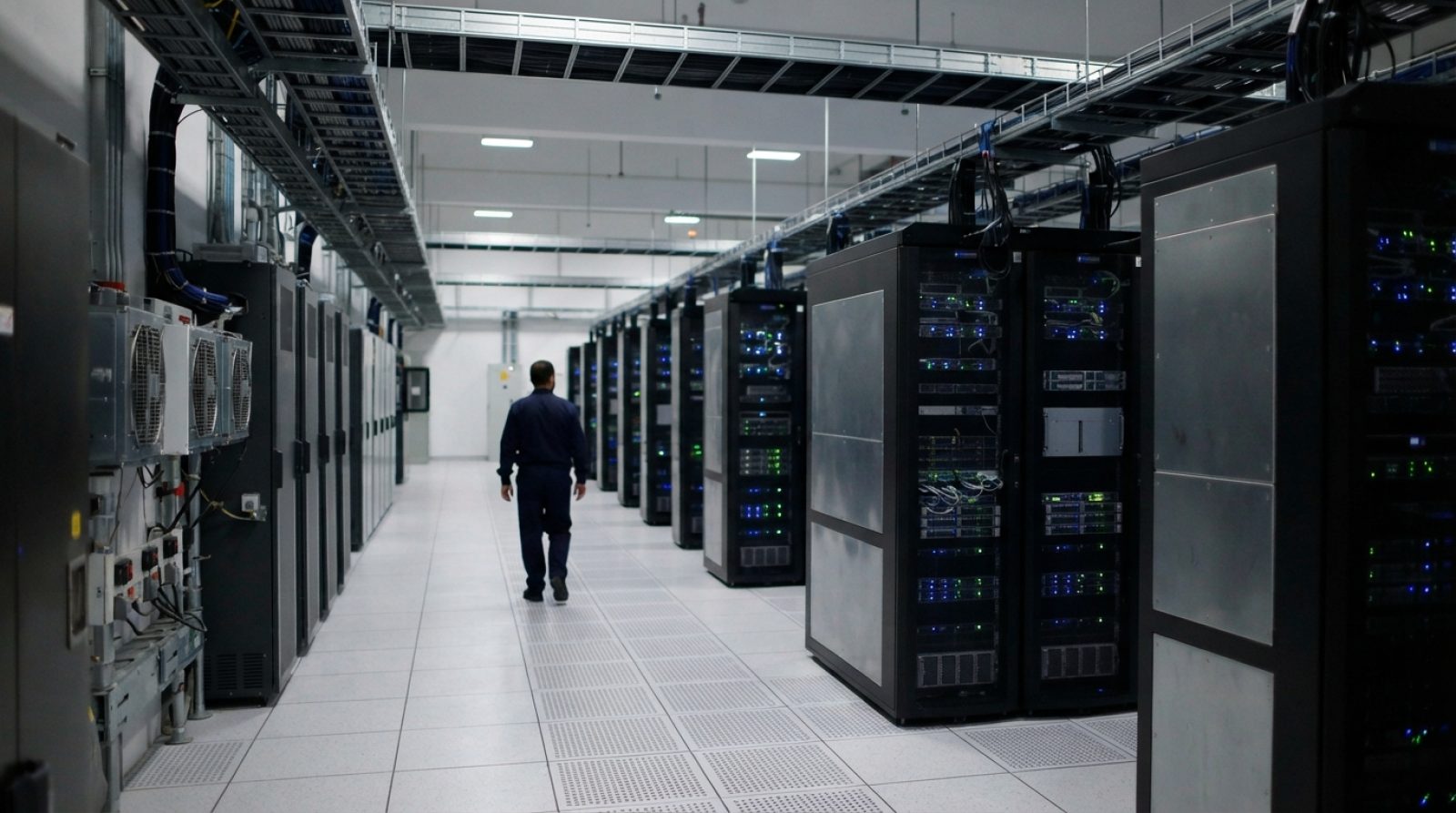 Illustration: A modern advanced server room and data center interior in the United Arab Emirates, showing glowing rows of server racks and cooling inf