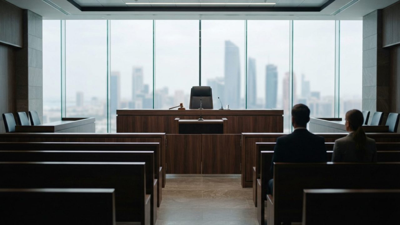 Illustration: A modern, formal courtroom interior in an international commercial court building, featuring polished wooden benches, empty judicial dai