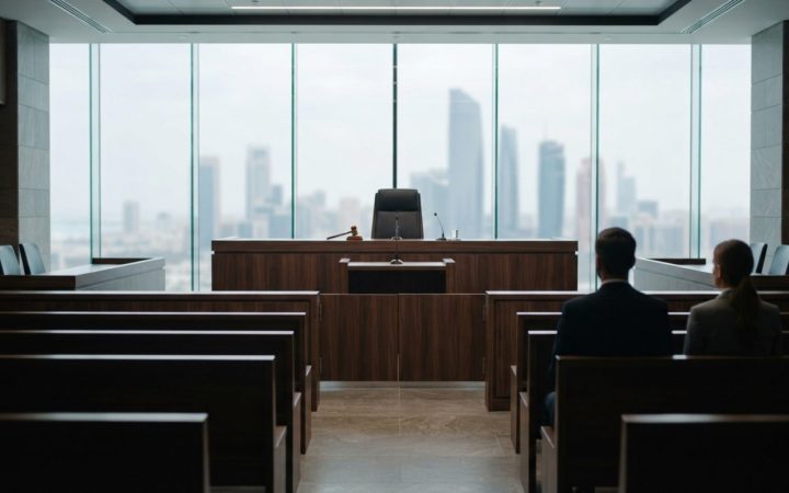 Illustration: A modern, formal courtroom interior in an international commercial court building, featuring polished wooden benches, empty judicial dai