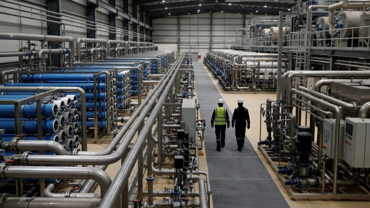 Illustration: Industrial interior of a modern seawater reverse osmosis desalination facility, showing long rows of pressurized blue and white membrane