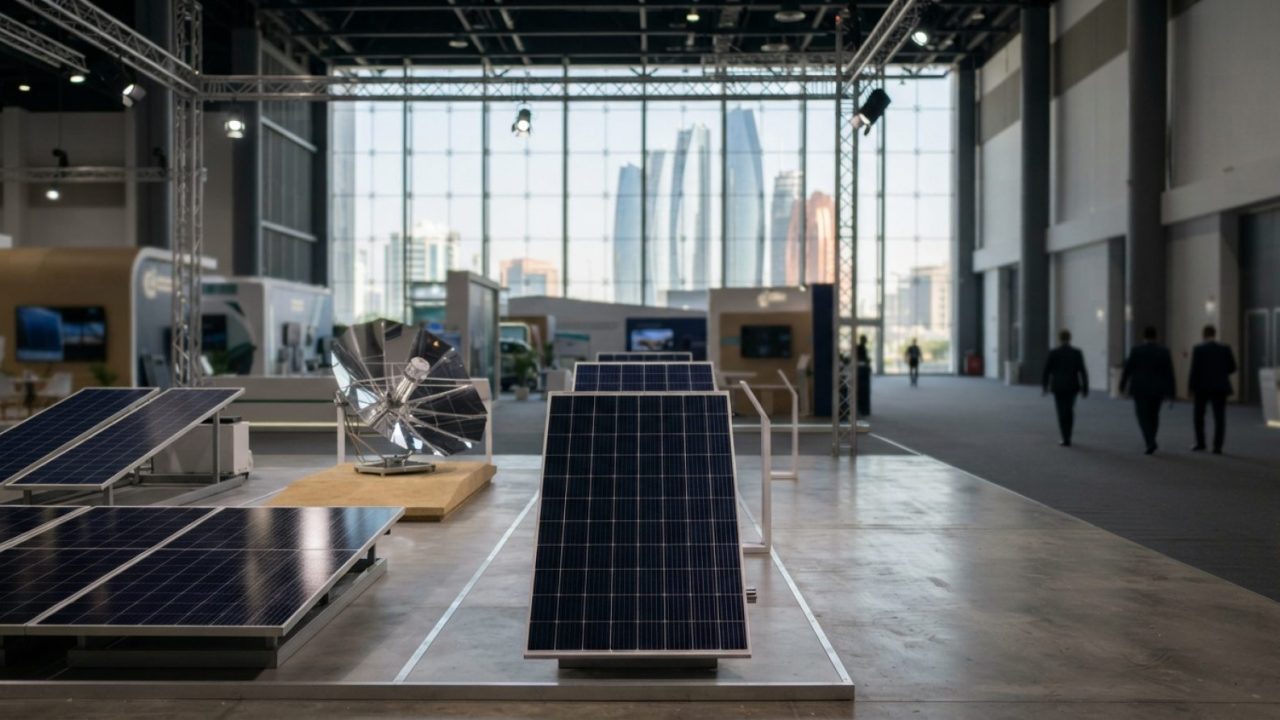 Illustration: A modern exhibition hall with futuristic solar panels and clean energy technology displays under bright architectural lighting, neutral