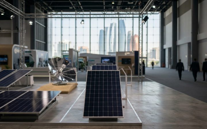 Illustration: A modern exhibition hall with futuristic solar panels and clean energy technology displays under bright architectural lighting, neutral