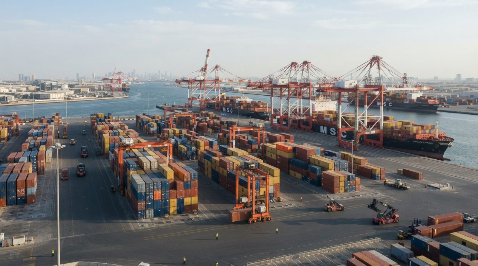 Illustration: Editorial photograph of a large container terminal at Jebel Ali port, stacked with multi-colored shipping containers under daylight, wit