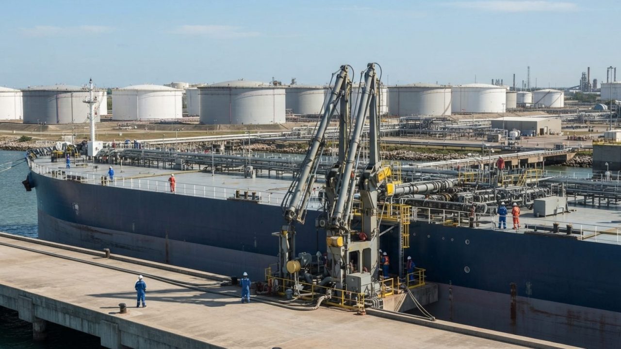 Illustration: A commercial crude oil tanker moored at an industrial deepwater terminal, with marine loading arms connected to the ship's manifolds and