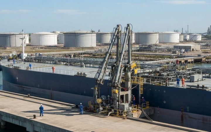 Illustration: A commercial crude oil tanker moored at an industrial deepwater terminal, with marine loading arms connected to the ship's manifolds and