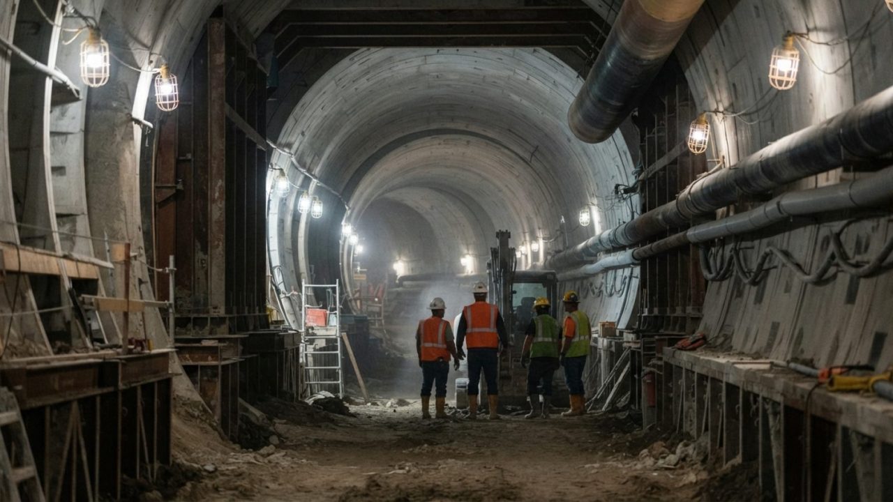 Illustration: A modern underground utility tunnel under construction with reinforced concrete walls and heavy civil engineering frameworks, illuminate