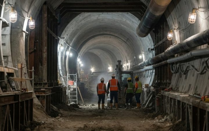 Illustration: A modern underground utility tunnel under construction with reinforced concrete walls and heavy civil engineering frameworks, illuminate