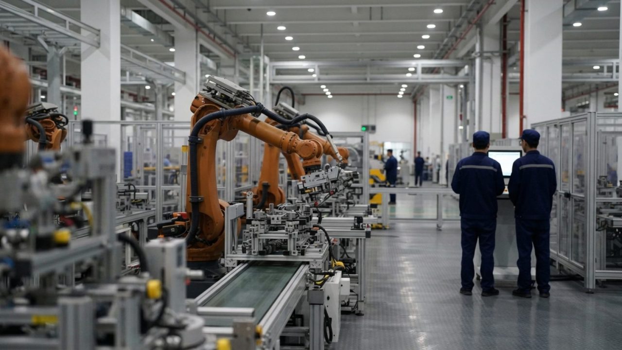 Illustration: A clean, modern automated high-tech manufacturing facility in China, featuring industrial robotic arms and advanced precision machinery