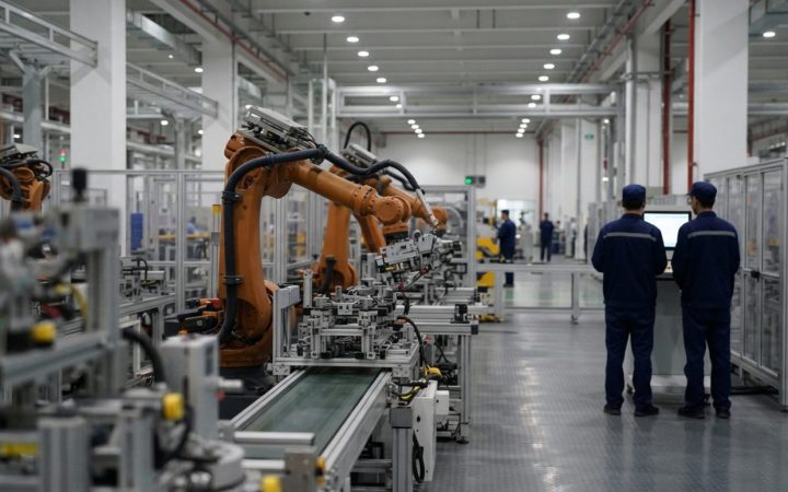 Illustration: A clean, modern automated high-tech manufacturing facility in China, featuring industrial robotic arms and advanced precision machinery