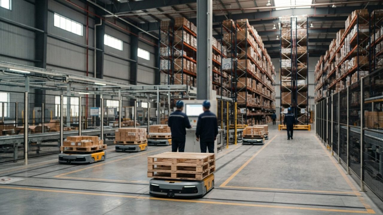 Illustration: A modern automated logistics and distribution warehouse in China with automated guided vehicles moving along high-density storage racks,