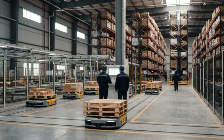 Illustration: A modern automated logistics and distribution warehouse in China with automated guided vehicles moving along high-density storage racks,