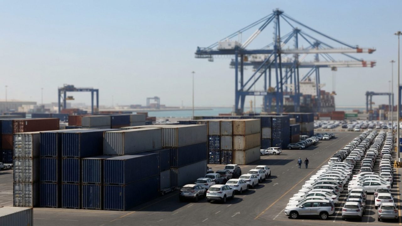 Illustration: Editorial photograph of commercial shipping containers and newly imported automobiles staged on the dock of a major modern container por