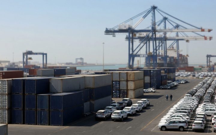 Illustration: Editorial photograph of commercial shipping containers and newly imported automobiles staged on the dock of a major modern container por