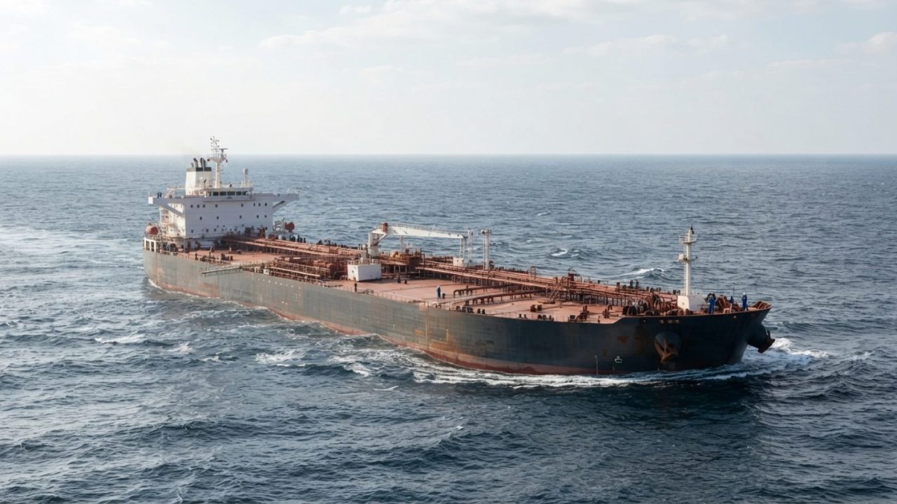 Illustration: A very large crude carrier (VLCC) oil tanker navigating open deep-sea waters under daylight, showing deck pipes and shipping infrastruct
