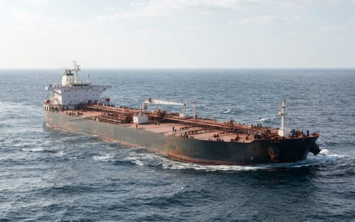 Illustration: A very large crude carrier (VLCC) oil tanker navigating open deep-sea waters under daylight, showing deck pipes and shipping infrastruct