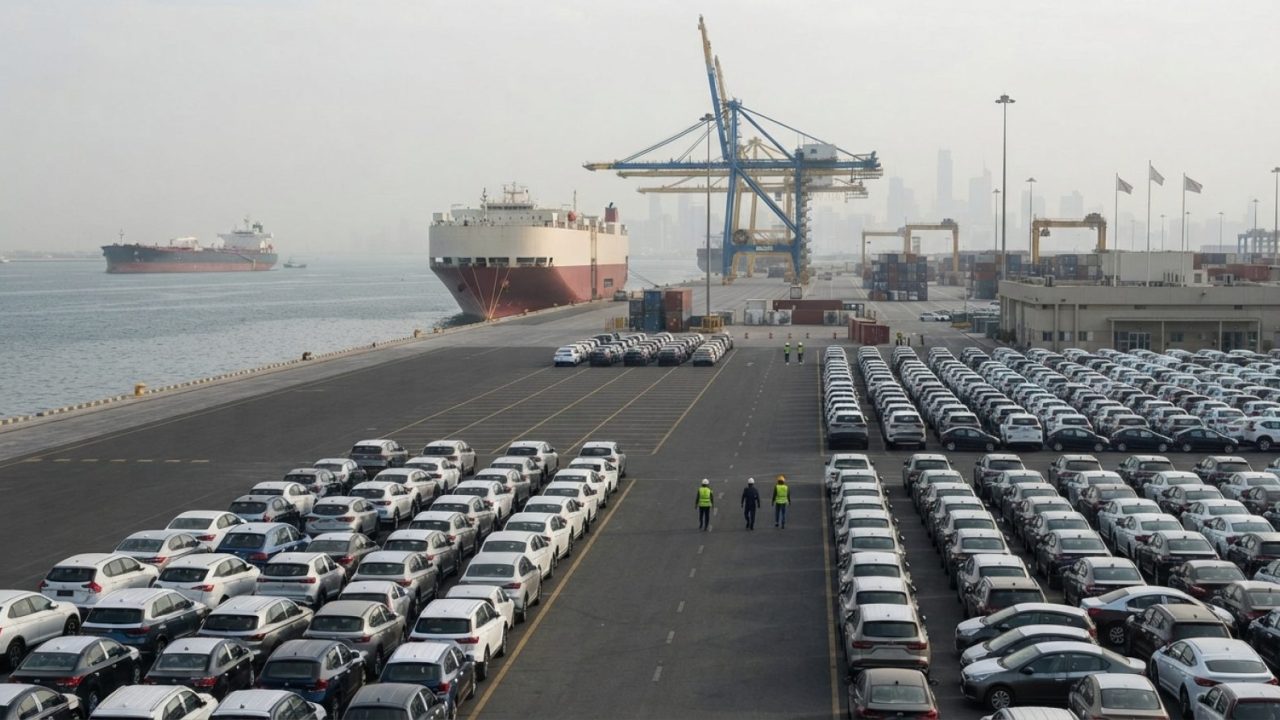 Illustration: A commercial cargo terminal with rows of newly manufactured cars parked near a deepwater dock, with an oil tanker vessel visible on the