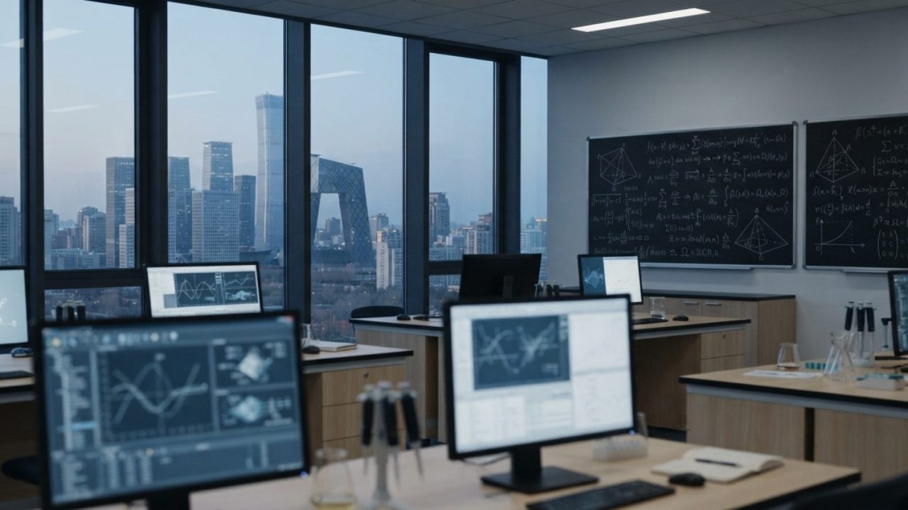 Illustration: An empty modern university research laboratory in Beijing with large floor-to-ceiling windows showing the city skyline, equipped with cl