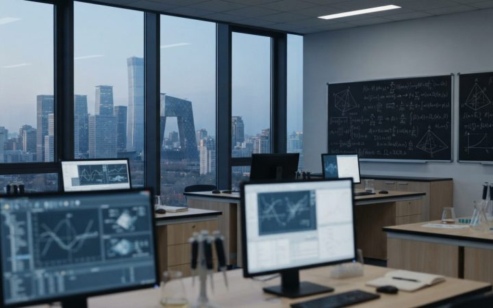 Illustration: An empty modern university research laboratory in Beijing with large floor-to-ceiling windows showing the city skyline, equipped with cl