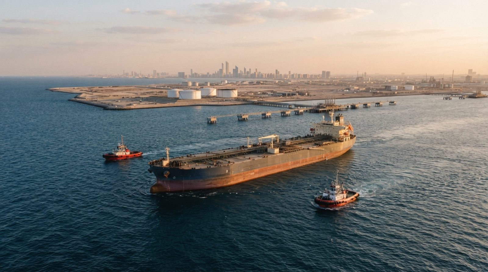Illustration: A large commercial crude oil tanker navigating open blue waters at sea near an industrial coastal oil export terminal during golden hour