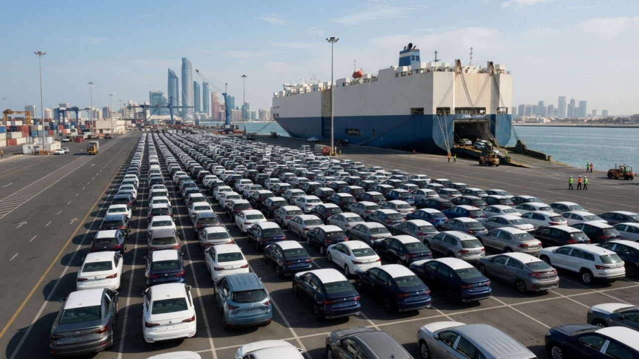 Illustration: Rows of newly delivered modern passenger vehicles neatly aligned at a commercial cargo shipping terminal in a deep-water Arabian Gulf po