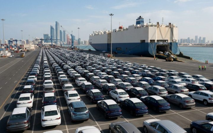Illustration: Rows of newly delivered modern passenger vehicles neatly aligned at a commercial cargo shipping terminal in a deep-water Arabian Gulf po