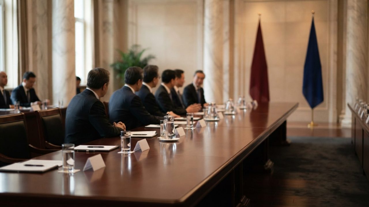 Illustration: A formal diplomatic meeting room in Beijing with a polished mahogany conference table, formal chairs, water glasses, note pads, and warm