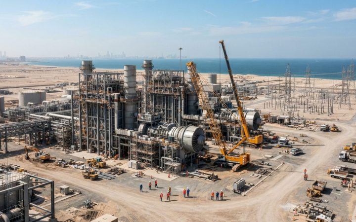 Illustration: Industrial construction site of a large-scale natural gas combined cycle power plant in a desert coastal area, showing gas turbines, tra