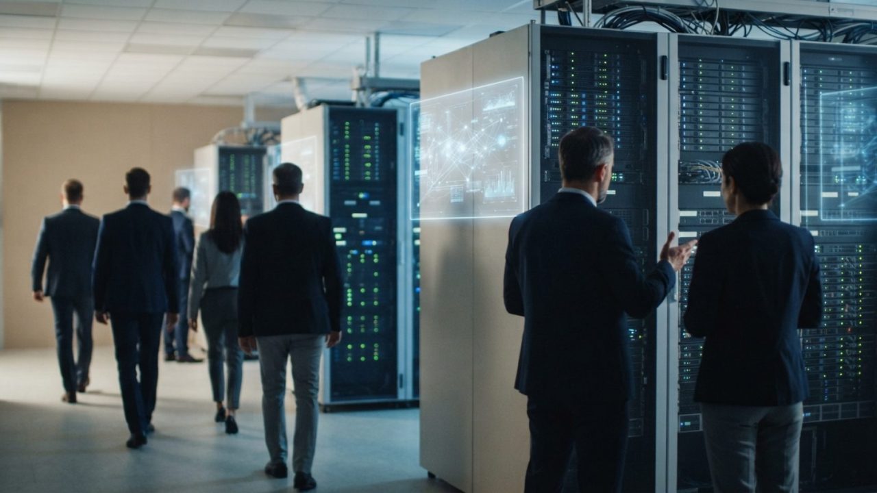 Illustration: A modern technological server room with glowing blue indicator lights and abstract digital network graphics displayed on translucent scr