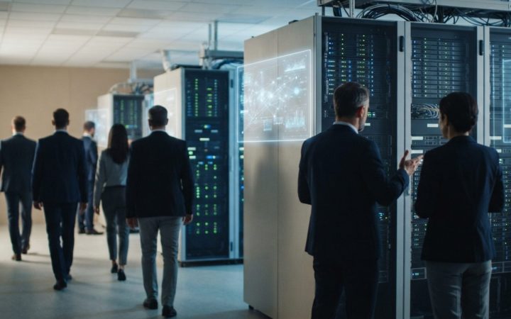 Illustration: A modern technological server room with glowing blue indicator lights and abstract digital network graphics displayed on translucent scr