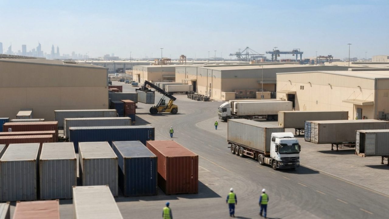 Illustration: A modern commercial logistics free zone in Dubai showing clean warehouses, cargo containers being managed, and transport trucks under br