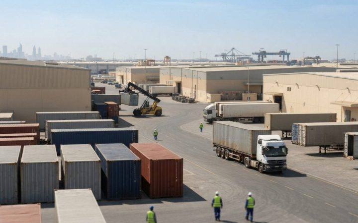 Illustration: A modern commercial logistics free zone in Dubai showing clean warehouses, cargo containers being managed, and transport trucks under br