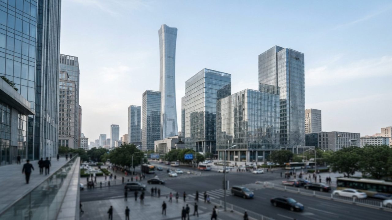 Illustration: A modern corporate office tower and financial district skyline in Beijing with sleek architectural glass facades under daylight, represe