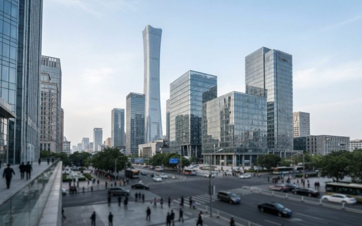 Illustration: A modern corporate office tower and financial district skyline in Beijing with sleek architectural glass facades under daylight, represe