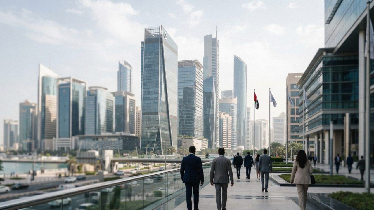 Illustration: A modern financial district architectural scene with contemporary glass office towers and headquarters buildings under daylight, symboli