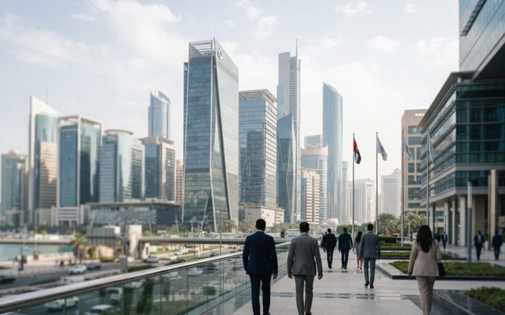 Illustration: A modern financial district architectural scene with contemporary glass office towers and headquarters buildings under daylight, symboli