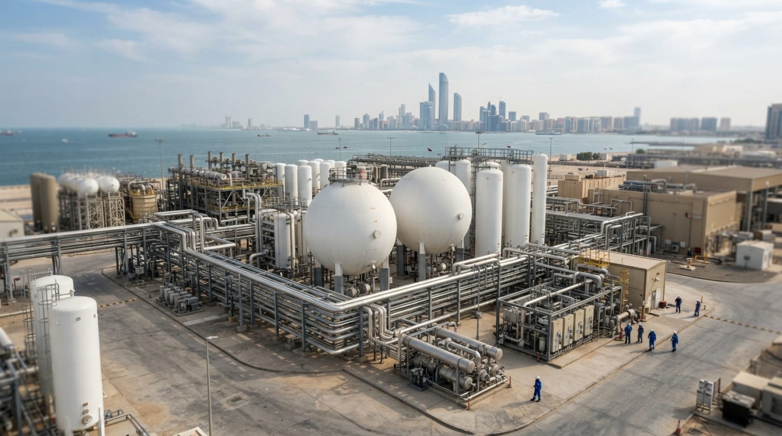 Illustration: An expansive outdoor green hydrogen production plant with large white pressurized gas storage vessels, industrial piping manifolds, and