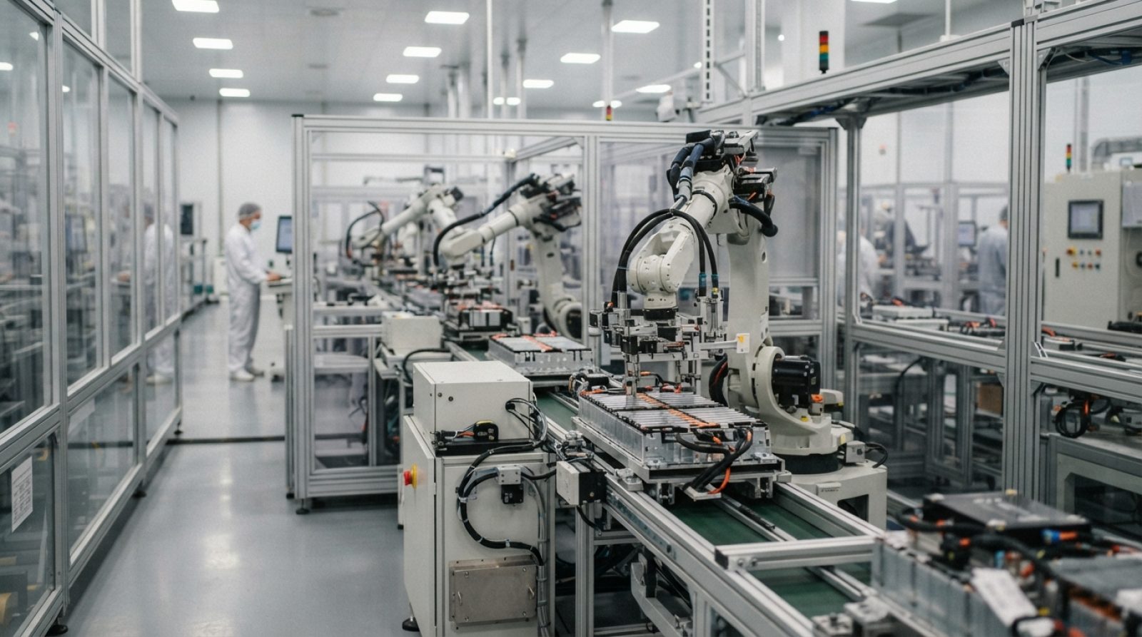 Illustration: Automated cleanroom production line inside a modern electric vehicle battery manufacturing facility, robotic arms assembling advanced ce