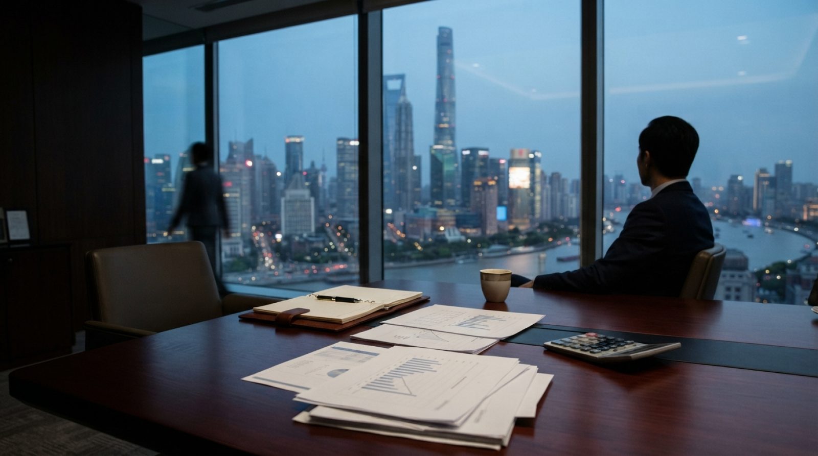 Illustration: A modern private wealth management office setting with financial tax reports, trust ownership charts, and a calculator on a polished dar