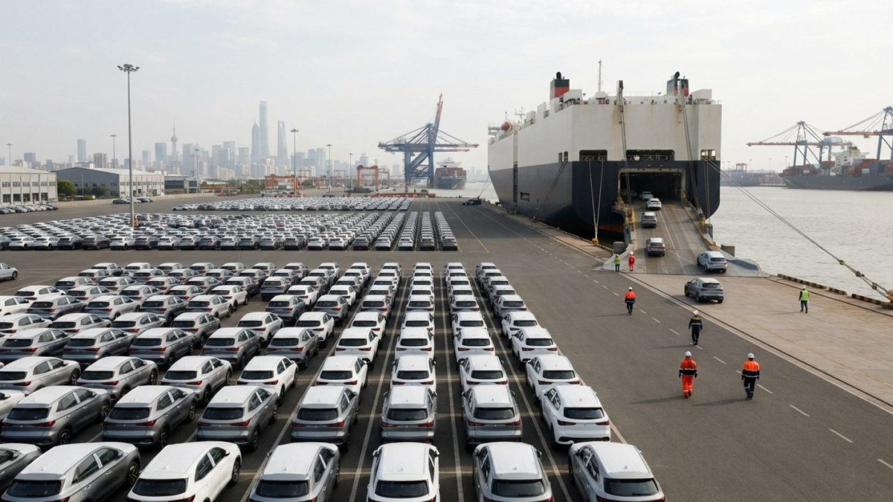 Illustration: A modern commercial vehicle shipping terminal showing orderly rows of new electric cars ready for loading onto large roll-on roll-off ca