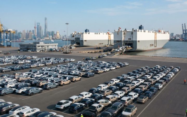Illustration: A modern commercial logistics port showing rows of newly manufactured electric vehicles awaiting loading onto large cargo roll-on roll-o