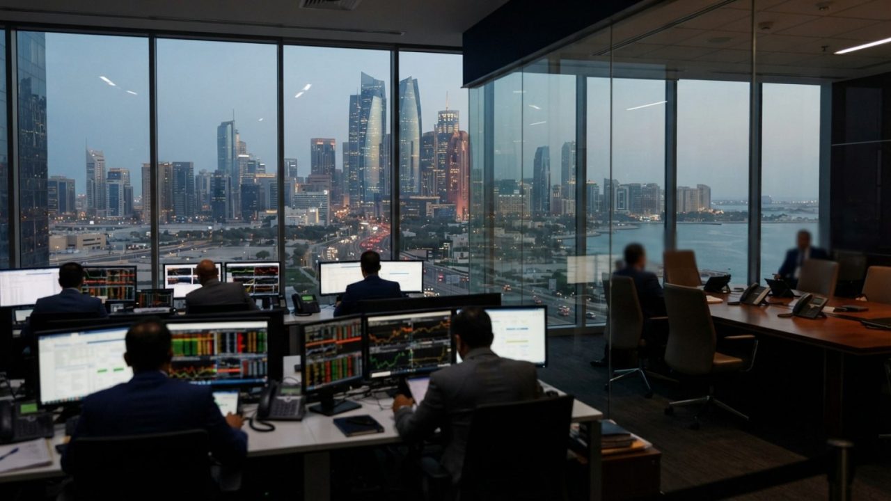 Illustration: A modern financial trading floor and boardroom overlooking an international financial centre skyline through tall glass windows, with am
