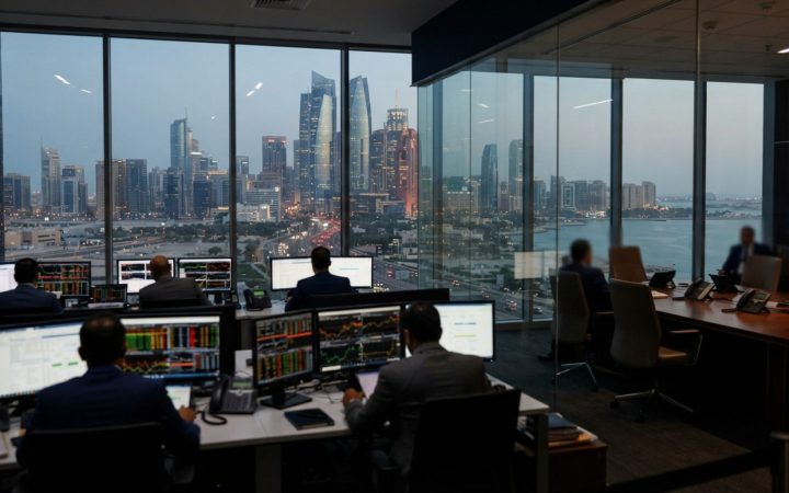 Illustration: A modern financial trading floor and boardroom overlooking an international financial centre skyline through tall glass windows, with am