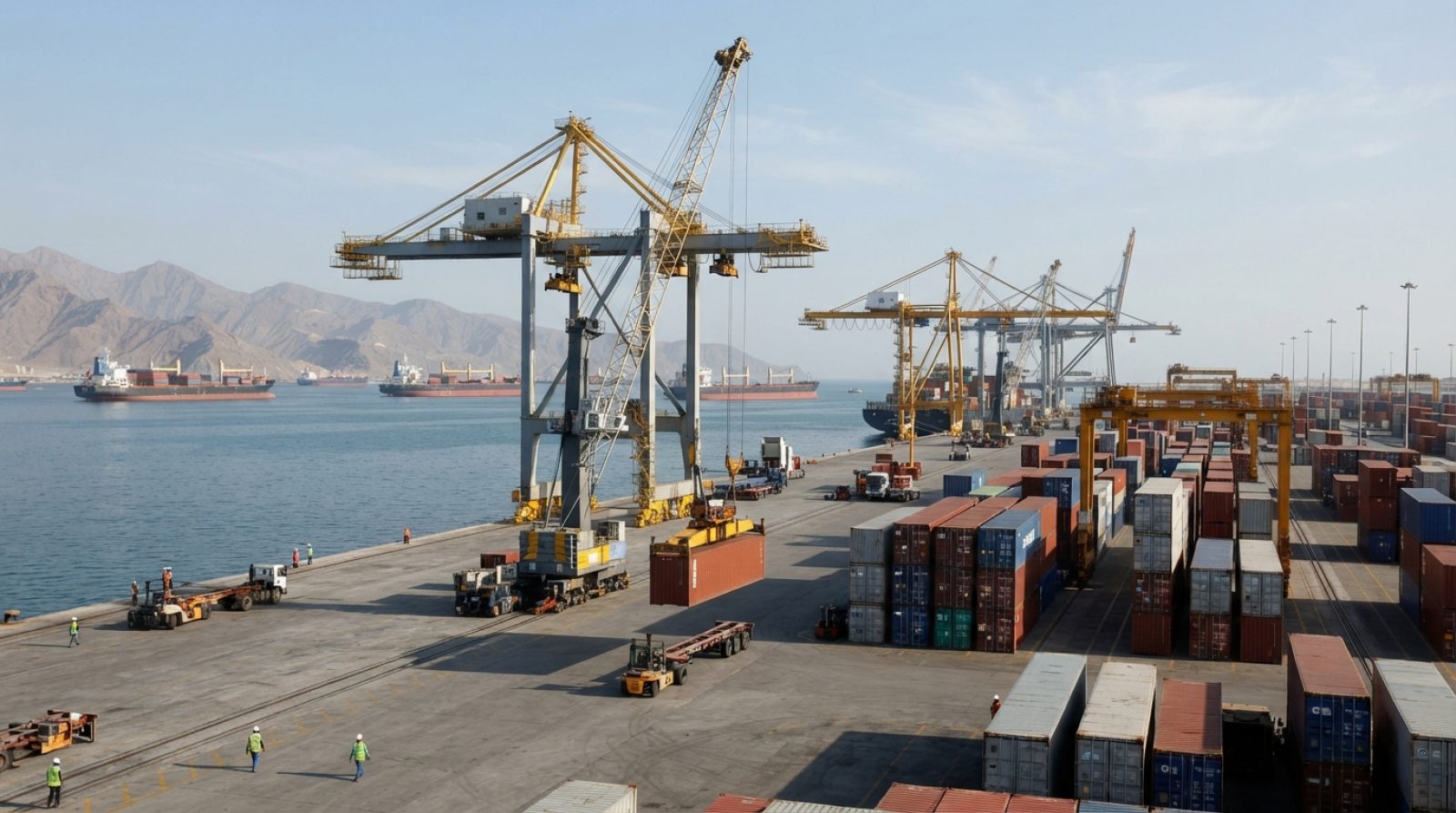 Illustration: A busy commercial container terminal at the Port of Fujairah under clear skies, featuring heavy ship-to-shore gantry cranes handling sta