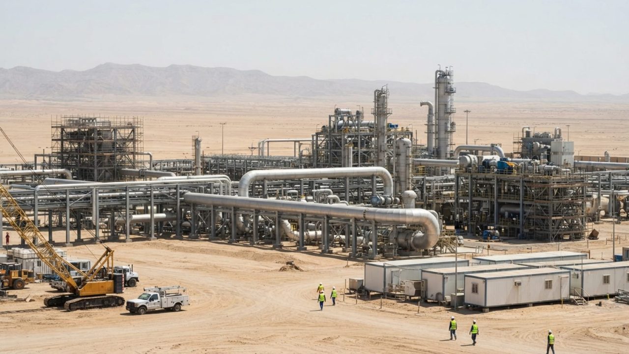Illustration: Industrial view of a modern natural gas processing facility and compression stations under construction in an expansive desert landscape