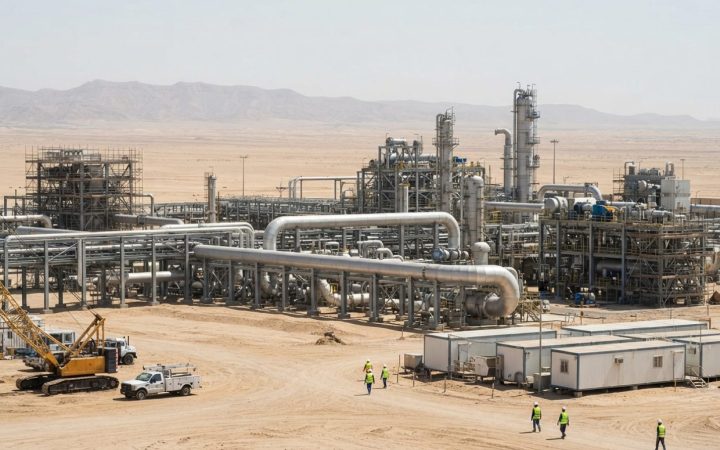 Illustration: Industrial view of a modern natural gas processing facility and compression stations under construction in an expansive desert landscape